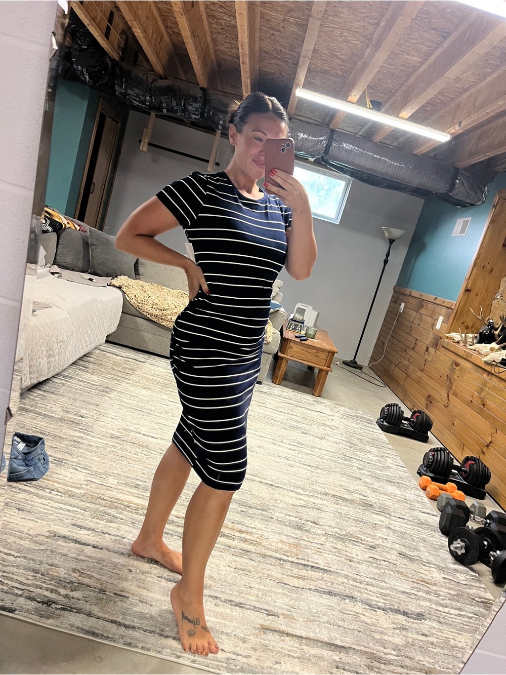 Motherhood Navy and White Striped Midi Dress